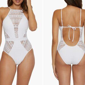 BECCA Colorplay Lace Overlay One-Piece Swimsuit White XS